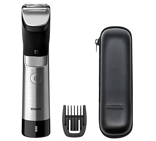 Philips Recortadora de Barba Serie 9000 Hombre, 30 Posiciones de Longitud, Sensor Power Adapt, Resistente al agua, Cuchillas de Acero, Inalambrico, 120 min de autonomia, Funda, BT9810/15, Plateado