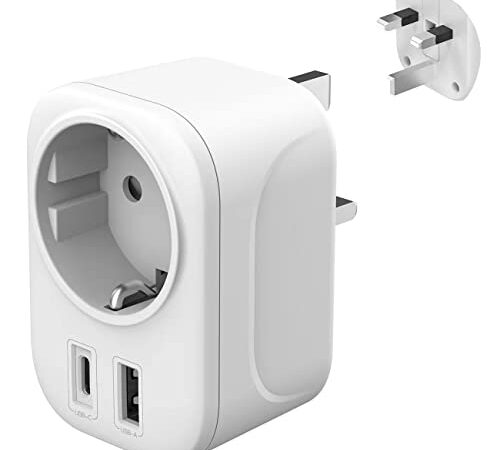 Adaptador Enchufe Ingles UK Inglaterra Adaptador de Viaje con USB A & C (2.4A), Español 2 Patas Europa hacia 3 Patas Reino Unido RU para Irlanda Escocia Britanico Maldivas（Tipo G）
