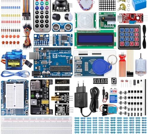 Miuzei Starter Kit para Arduino - Ultimate Set Compatible con R3 Uno para Programación Electrónica Proyecto con Tutoriales Power Supply, sensors, Leds,Electronica Set (Más de 240 Piezas)