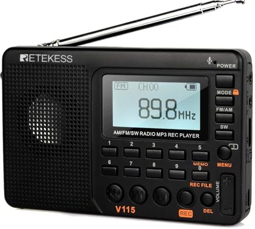 Retekess V115 Radio Portátil,FM Am SW Radio Pequeña,Digital Recargable Radio con MP3,SD/TF/USB,3 Modos de Grabación,Tiempo de Sueño,Pantalla LCD, (Negro)