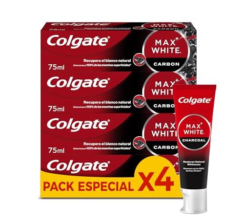 Colgate Max White con Carbón Activado Pasta de Dientes Blanqueadora, Pack 4x75ml, Clínicamente Comprobada que Elimina hasta el 100% de las Manchas Superficiales, Ingredientes de Origen Natural